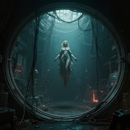 just only one lonely cyberpunk round portal to the hell!! bad omens, deathcore style of bonestell, chesley and casson, a. j. dramatic lighting. the ceiling is hung with chaotic cables, a grace goddess floating in the center. cinematic. 8 k, octane render. ultra clear detailed.