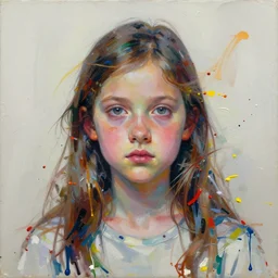 symmetric!! portrait of a young girl by carne griffiths, masterpiece, paint splashes, messy