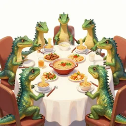 a group of komodos dragons having a feast consisting of only indomie instant noodles on a fancy dining table, cartoon style