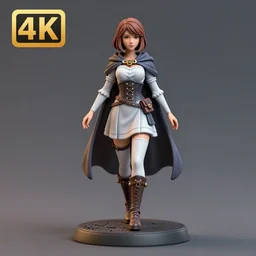 80mm resin detailed miniature of a female alchemist with short brown hair wearing a short dress, white stockings, high-detailed leather boots and cape, Product Introduction Photos, 4K, Full body