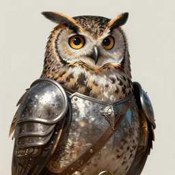 portrait of anthropomorphic owl birdfolk with armor, semi realism. illustration. fantasy.