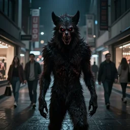 in the style of artgerm, steve niles, rafael albuquerque, werewolf in a shopping mall at night, moody lighting, horror scary terror