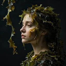 a woman's face in profile, made of floating seaweed, in the style of the dutch masters and gregory crewdson, dark and moody