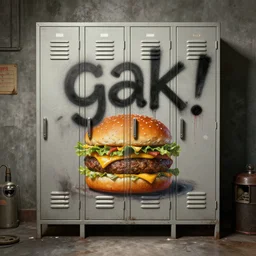 [ [ gak ] ] locker, a greasy cheeseburger locker with the word'gak '!! spray painted across the doors. 3 d rendering by beeple, painting by rene magritte and glenn fabry, 8 k, hyperreal, basement