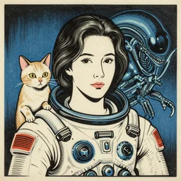 woodblock print, a portrait of a young beautiful sigourney weaver from the movie alien, wearing a space suit and a cat and a portrait of the alien from the movie alien. by kawanabe kyosai and kawase hasui and and cory loftis and rossdraws and wlop and jung gi kim, realistic, bold outline, 2 d, rule of thirds