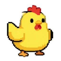 pixel art of a fat cubic yellow chicken in a white background