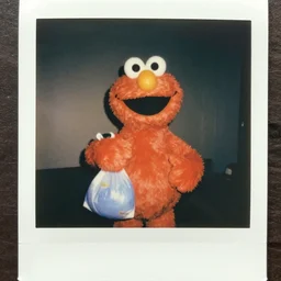 Elmo holding a bag of blue meth, Polaroid photograph, nostalgia, film grain