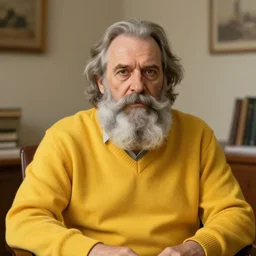 Gray bearded professor sits in his study wearing a yellow sweater, hyperrealistic, portrait, concept art, illustration, 8k, artstation, digital painting