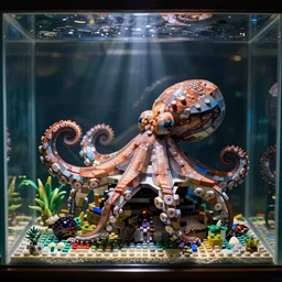 octopus in an aquarium, playing with legos
