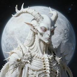 surreal baroque portrait of ribbed white alien god covered with spinal spiky antlers, on white exoplanet, cold color scheme, iredescent soft glow bloom effect, dream - like, baroque portrait painting, perfect composition, beautiful intricate detailed octane render, artstation, 8 k, photorealistic, volumetric cinematic light, chiaroscuro, masterpiece, raphael, caravaggio, beksinski, giger