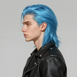 side profile of ilya kuvshinov with long hair, sky blue hair, gold hazel eyes, boyish face, black leather jacket, professional digital painting, concept art, award - winning photography, cinematic, stained glass window, wlop, art by pixiv art, yoshitaka amano