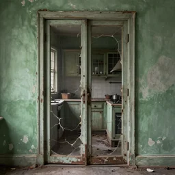 medium format photograph on the other side of an old torn and ripped screen door is a dilapidated kitchen, screen is in focus, dimly lit, distressed venetian green plaster walls, liminal space, haunting atmosphere, gothic, photorealistic, hyperdetailed 3 d matte painting, hyperrealism, hyperrealistic, cinematic, silent hill, horror style, unrealengine, octane render