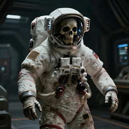 movie film still of a skeleton astronaut in a spaceship, highly detailed, 4 k, dark, gritty, cyberpunk, science fiction