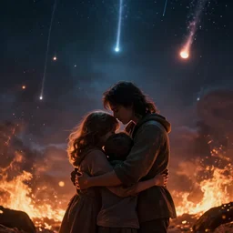A family hugging each other for the last time as the world is ending, meteors are falling from the sky, everything is on fire, dramatic lighting, digital art, very very very very very very beautiful, 8K, dark lighting, trending on Artstation, award winning”