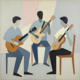 A abstract painting in the style of Tatsuro Kiuchi, flat colour-block style, geometric abstraction, painting of 3 men playing music, modern pastel colours