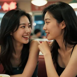 movie interior closeup beautiful Chinese fashion model couple teams closeup joking at 50s diner, night in the city, beautiful skin, by Emmanuel Lubezki