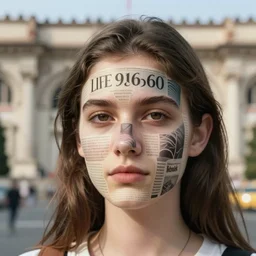 realistic photo of a a blurred face of a girl, her face is covered in a universal wave form pattern 1 9 6 0, life magazine photo, natural colors, metropolitan museum, kodak, 8 k, very detailed, high resolution, product photo,