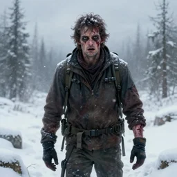an zombie hiker without one arm in the middle of blizzardy landscapes, digital painting, artstation, concept art, donato giancola, Joseph Christian Leyendecker, WLOP, Boris Vallejo, Breathtaking, 8k resolution, extremely detailed, beautiful, establishing shot, artistic, hyperrealistic, octane render, cinematic lighting, dramatic lighting, masterpiece, light brazen, extremely detailed and beautiful face, centered, smooth, sharp focus