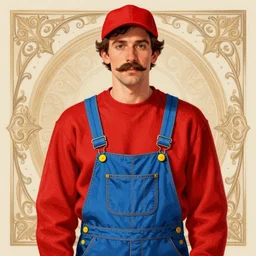 a portrait of a man with a mustache wearing a long - sleeved red shirt, a pair of blue overalls with yellow buttons, and a red cap, art by mark ryden, digital illustration, ornate details,