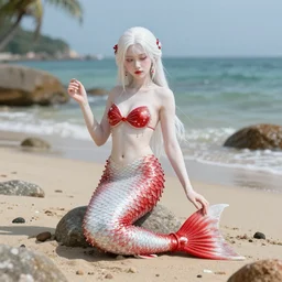 albino Asian mermaid on the beach, full body, unreal engine octane, red and white,  gliter, depth of field, 8k, hyper detailed, intricate, tending on artstation