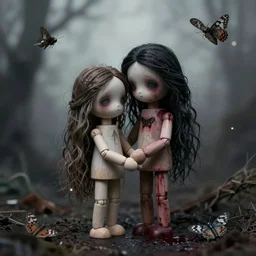 ektachrome portrait beautiful jointed wooden art doll, super dollfie, holding each other, abandoned, moths, sadness, tim walker, art by wenjun lin, ethereal, soft light, dark art, gothic romance, macabre, nightmares, horror, blood, harpers bazaar art, vogue