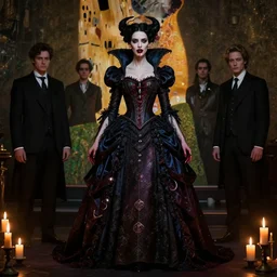 jennifer connelly vampire queen, sharp fangs, blood, full body, intricate victorian dress, digital art, cinematic lighting, studio quality, symmetrical, artgerm, joshua middleton, rafael albuquerque, moody lighting, candles, art style by klimt, nixeu and ian sprigger and wlop and krenz cushart