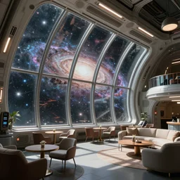 a lounge area in a spacestation, gigantic windows, galaxy outside, intense sci - fi details, realism, stunning photo - quality, bright and happy, movie - quality, futuristic, technology, cinematic atmosphere, muted colours, guardians of the galaxy - style 4 k, arnold render, trending on artstation, cgsociety