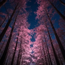 inside forest looking up at trees, pink leaves, birds, high detail, dramatic lighting, nightsky, stars