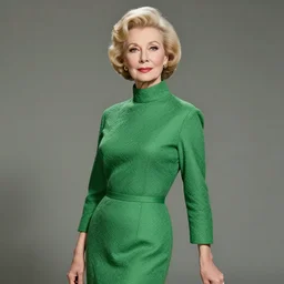 A 50-year-old blond woman in a green textured dress with a high collar. 1960's. she's striking, graceful, and elegant.