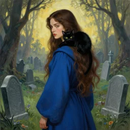 concept art of a young beautiful female wizard with long brown hair and a black cat over her shoulders. blue robes. by greg rutkowski and alphonse mucha, surrounded by graveyards