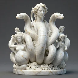 a statue made of white marble with gold veins, of bubblebutt snakes, transhumanism, hyper realistic, hyper detailed, by johannen voss, by peter kemp, by monia merlo, by michelangelo, by ernst haeckel, by alex grey, octane render, blender, 8 k