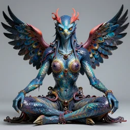 a portrait photograph of a meditating fierce sadie sink as a colorful harpy hawk super villian with slimy blue skin with scales. her body is transforming into a alien amphibian. by donato giancola, hans holbein, walton ford, gaston bussiere, peter mohrbacher and brian froud. 8 k, cgsociety, fashion editorial