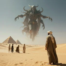 eldritch being floating in the sky over the egyptian desert while a man in a turban watches 4 k, concept art, by wlop, ilya kuvshinov, artgerm, krenz cushart, greg rutkowski, pixiv. cinematic dramatic atmosphere, sharp focus, volumetric lighting, cinematic lighting, studio quality