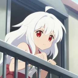 anime film visual of a young girl with white hair and red eyes looking out from the balchony, cute face by yoshinari yoh, makoto shinkai, kyoani, masakazu katsura, dynamic pose, crisp and sharp, yoshinari yoh, ilya kuvshinov, rounded eyes, anime poster