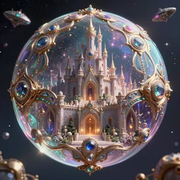 soap bubble mind, symetrical highly detailed ornate with jewels and precious metals futuristic, sandman kingdom, close up in the bg entrance castle kingdom of dreams, space ships, hiperrealistc, global illumination, radiant light, cosmic detailed and intricate environment. art by andreas achenbach