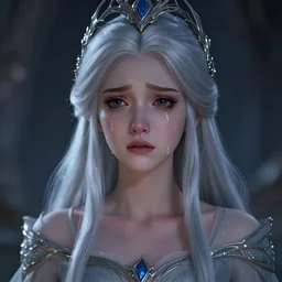 young princess with silver hair, crying, sad expression, tears down face, intricate clothing, fantasy, headpiece, digital 2 d illustration, 4 k, hyperealistic, octane renderer, artstation trending, cinematic moody lighting, reflections, particles, style of dropdeadcoheed, tom bagshaw, wlop, jeremy lipkin, vurdem, artgerm