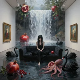painting of a flooded art gallery, black lounge, a tall emo girl, art gallery interior, waterfall, pomegranates, sensual, berries, octopus, zen, black swans, surrealist, by magritte and monet