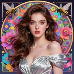 young beautiful woman, gorgeous face, vaporwave aesthetic, synthwave, colorful, psychedelic, artstation, flowers, bees, ribbons, concept art, luxurious silvery gown, smooth, extremely sharp detail, finely tuned detail, 8 k, unreal engine 5, ultra sharp focus, illustration, art by artgerm and greg rutkowski and alphonse mucha