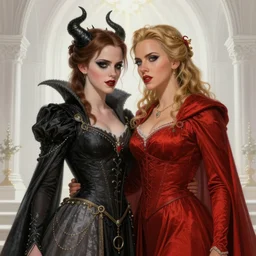 a beautiful and detailed illustration of a lesbian wedding between emma watson as an evil pyromancer and scarlet johansson as a red mage, dark eyeliner, highly detailed, digital painting, unholy union, white church background, god rays, sharp focus, highly detailed, studio quality, colorful, smooth render, award winning, art by rebecca guay and by arthur rackham and by alphonse mucha and by john william waterhouse