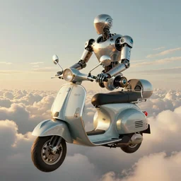 an epic fantasy detailed illustration of a robot flying vespa scooter among the clouds by alejandro burdisio and michael whelan, industrial, hydraulics, prosthetics, 4K, golden hour hues