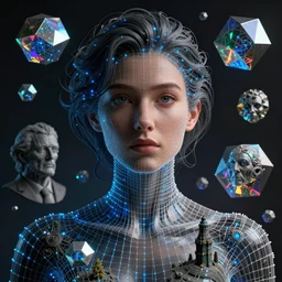woman portrait made from digital wireframe and blue laser dots by peter mohrbacher, boris vallejo, hajime sorayama, wayne barlowe,, polymesh, polygroups, maya, zbrush, wireframe models, ultra realistic, dramatic contrast lighting, intricate details, holographic artifacts, landscape of geometric shapes, hexagons, tesseract