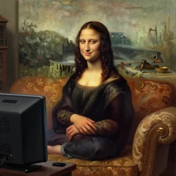 Monalisa is sitting on her living room couch. She is dressed casually and is watching TV, Regal, Realistic, Refined, Detailed Digital Art, Josephine wall, Oil Painting, William-Adolphe Bouguereau, Art Frahm, Esao Andrews, Steampunk, Walt Disney (1937), Highly Detailed, Cinematic Lighting, Unreal Engine, 8k, HD
