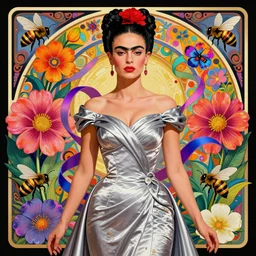young beautiful frida kahlo, gorgeous face, vaporwave aesthetic, synthwave, colorful, psychedelic, artstation, flowers, bees, ribbons, concept art, full - body, luxurious silvery gown, smooth, extremely sharp detail, finely tuned detail, 8 k, unreal engine 5, ultra sharp focus, illustration, art by artgerm and greg rutkowski and alphonse mucha