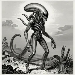 xenomorph, full body portrait, engraving, illustration, sci - fi, horror, smooth, sharp focus, beautifully detailed, rule of thirds, by gustave dore