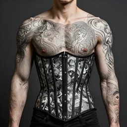 a lifelike man wearing a corset. art styes : moebius, junji ito, tristan eaton, victo ngai, artgerm, rhads, ross draws, hyperrealism, intricate detailed,
