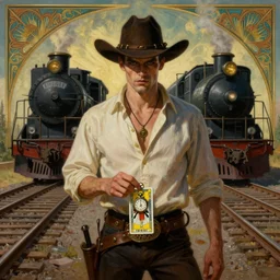 a dramatic ethereal epic symmetrical painting of a handsome villainous cowboy standing in front of railroad tracks with a train locomotive | his shirt is unbuttoned and he has a pocketwatch | tarot card, art deco, art nouveau, ( steampunk ), homoerotic, realistic | by rolf armstrong, by coles phillips | trending on artstation