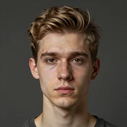 man in his twenties with brown blond short quiff hair and thin slightly round facial structure with cleft chin, straight eyebrows, bumpy nose, good definition of cheekbones, Alert brown eyes, narrow face, slim body, atmospheric lighting, painted, intricate, 4k, highly detailed by Charlie Bowater