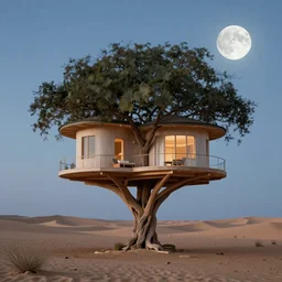 Elegant architectural visualization of an elegant tree house at twilight, Alexander Milne Calder and Chiharu Shiota rendered in octane, a gem in in the desert, ethereal, 8k hd matte painting, detailed and realistic, under the full moon