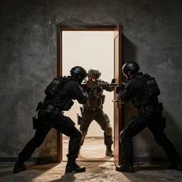 a SWAT team breaking down a door, photo
