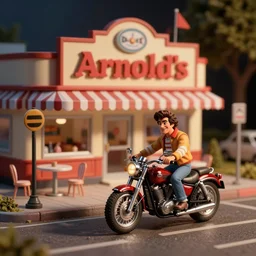 diorama of arnold's diner from happy days with fonzie sitting on his motorcycle out the front, tilt shift